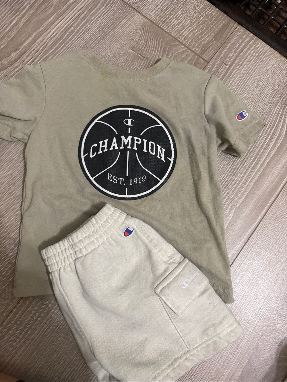 Champion Kids Olive Green T-Shirt & Cream Shorts Set